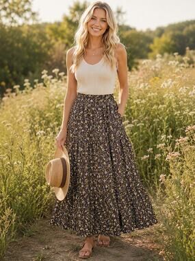 Tulip B Floral Maxi Lined Skirt Brown Boho Tiered Pockets NWT Small